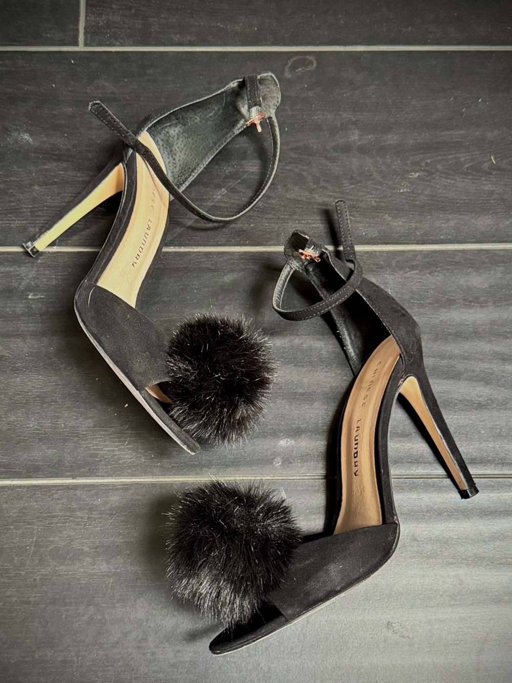 Chinese Laundry Black Pom-Pom Stiletto Sandals